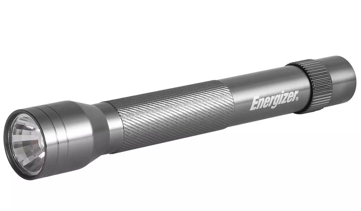 An Energizer tactical flashlight with a textured gray metal body, shown diagonally on a plain white background.