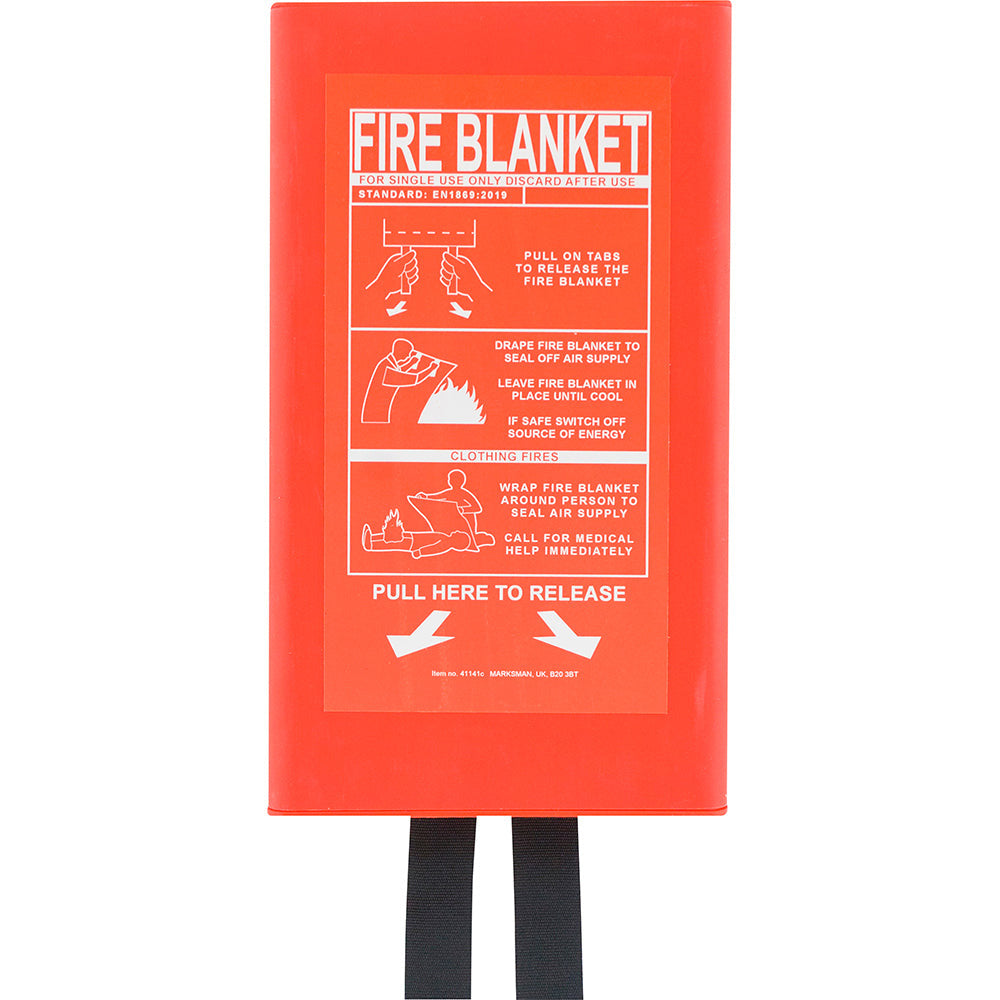 Red fire blanket with instructions on a white background
