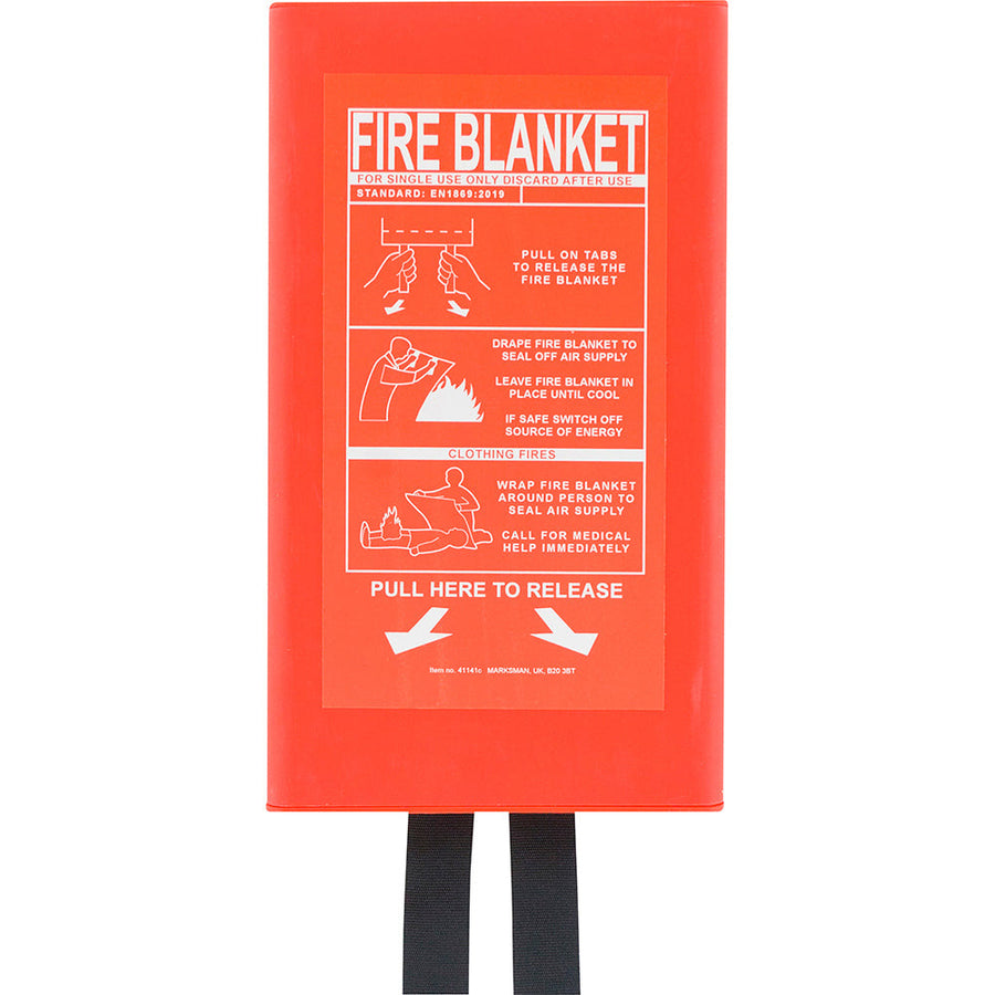 Red fire blanket with instructions on a white background