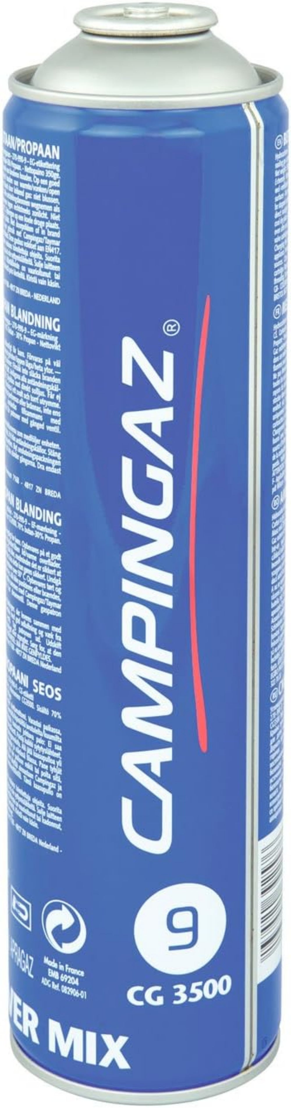Campingaz CG3500 gas cartridge, predominantly blue with white and red text, showing a numeric '9' and 'CG 3500' which indicates the capacity or model number.