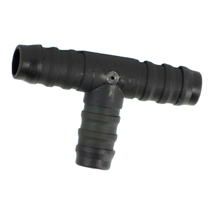 A black plastic 1/2" T-bar hose connector with ribbed flanges on each end and one vertical connector.