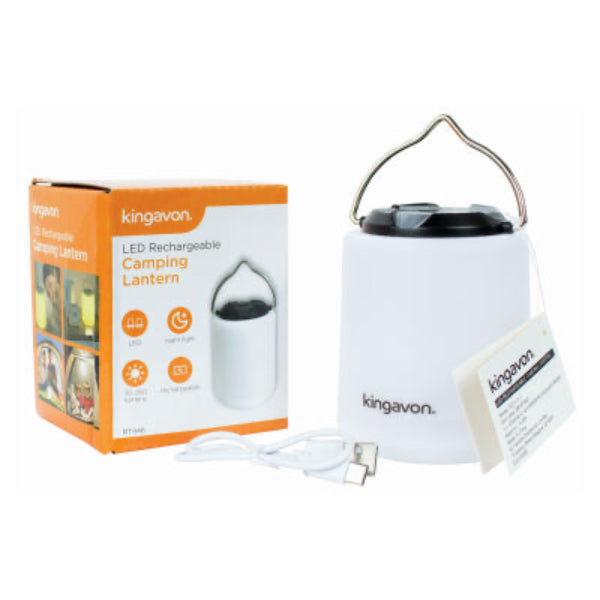 Kingavon LED rechargeable camping lantern with packaging and USB cable on a white background