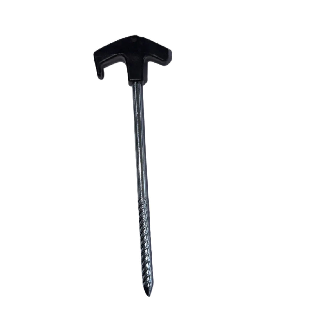 A single black plastic and metal T-bar ground screw stake shown vertically on a plain white background.