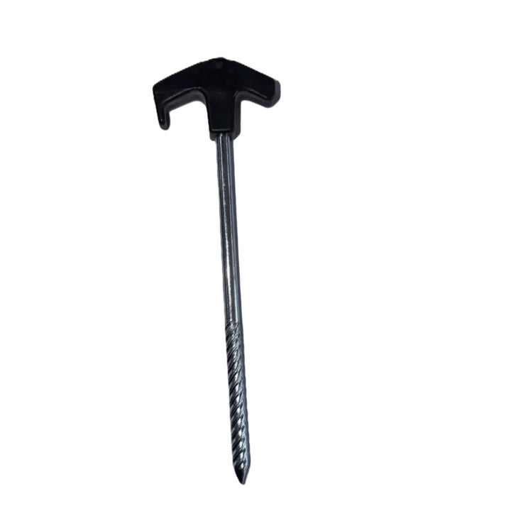 A single black plastic and metal T-bar ground screw stake shown vertically on a plain white background.