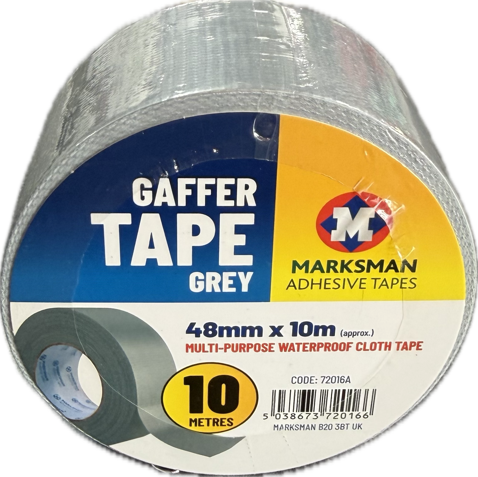 A roll of Marksman Gaffer Tape in grey, 48mm x 10m, shown on a clean white background with its retail paper label.