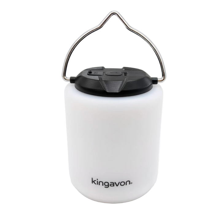 Kingavon LED Rechargeable Camping Lantern, A white camping lantern with a black top lid and a silver metal handle.