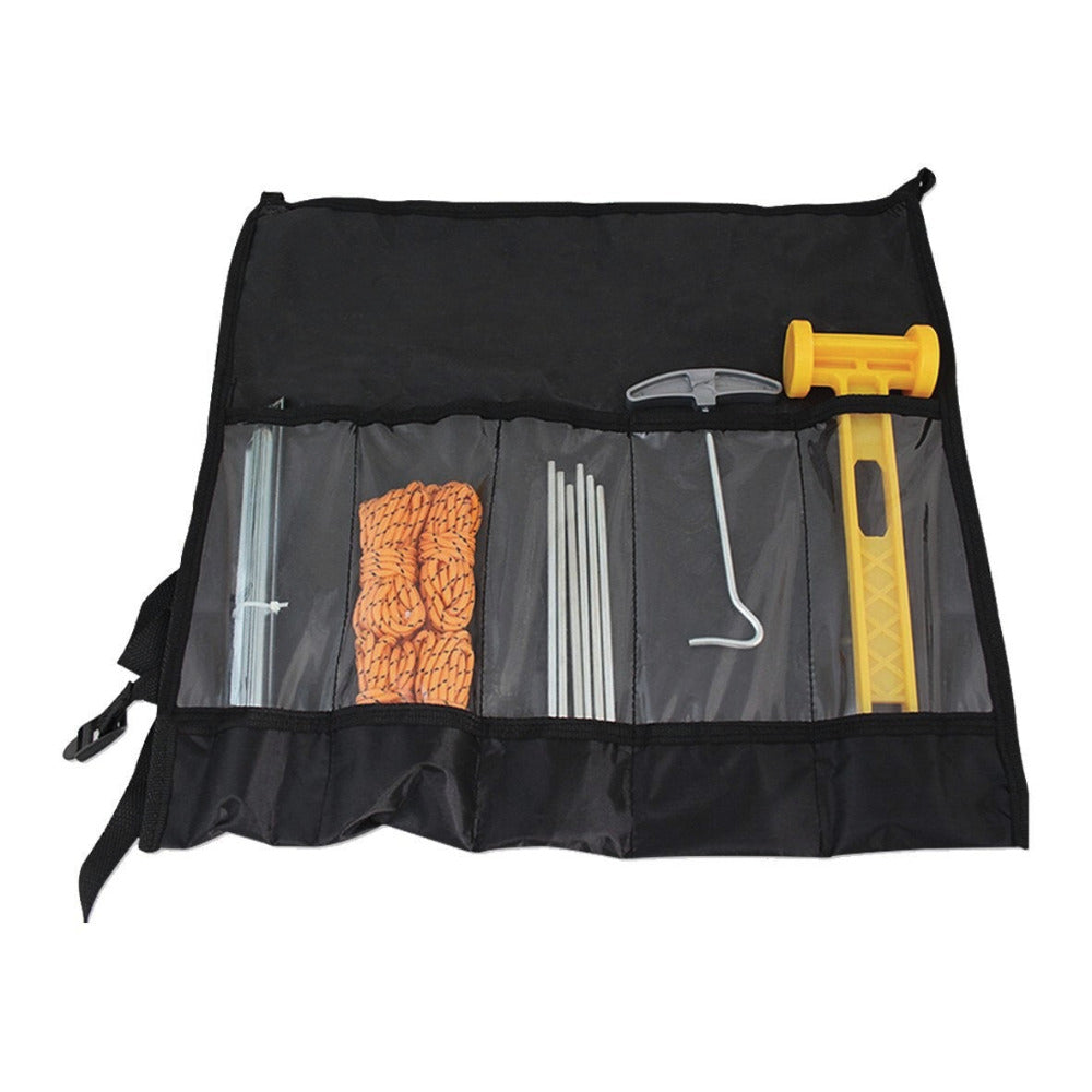Milestone Camping 5-piece tent accessory set with steel tent pegs, fluorescent guy ropes, plastic hammer and peg extractor.