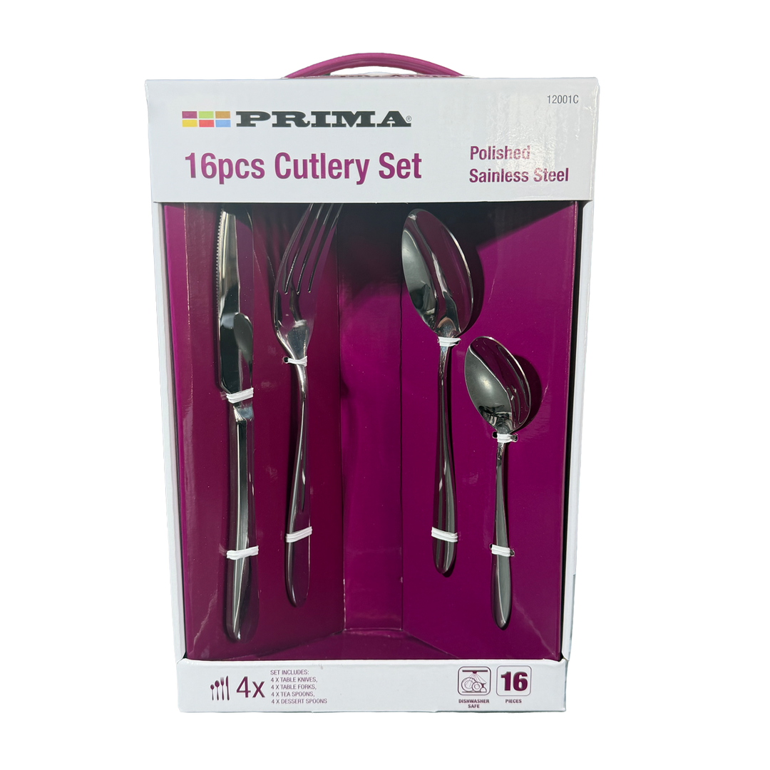 Prima 16-piece cutlery set packaging with silverware inside on a white background