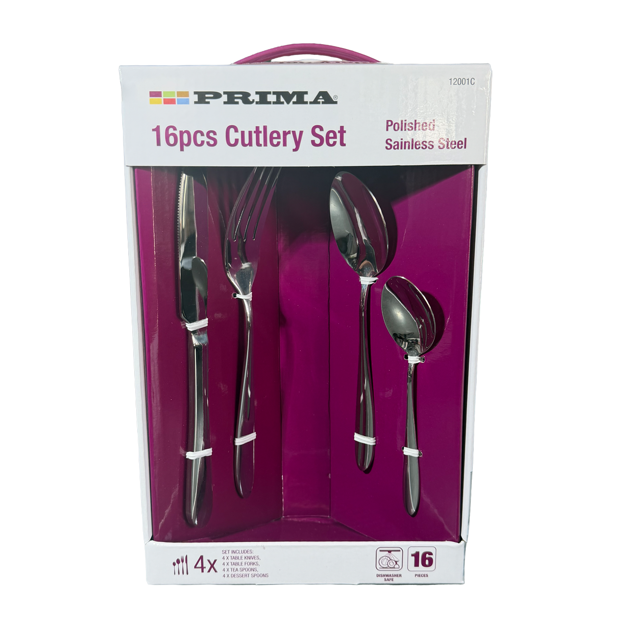 Prima 16-piece cutlery set packaging with silverware inside on a white background