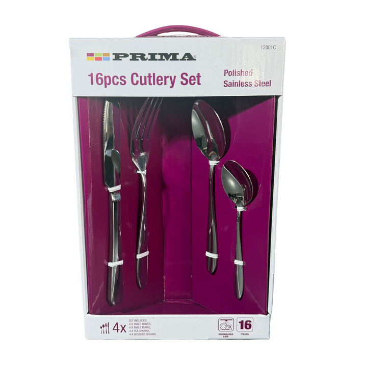 Prima 16-piece cutlery set packaging with silverware inside on a white background