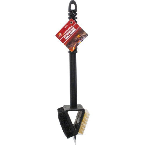 Black grill brush with a carabiner and brand label on a white background