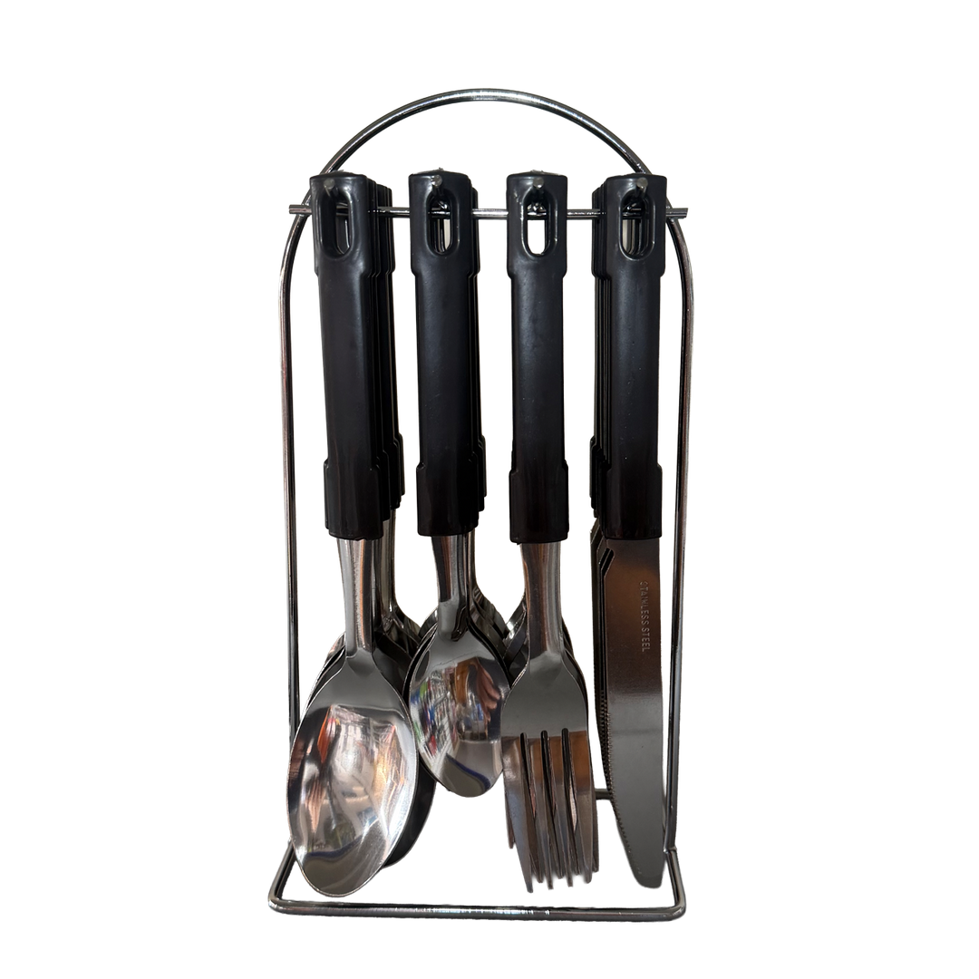 Set of black-handled cutlery including a spoon, fork, and knife in a metal stand