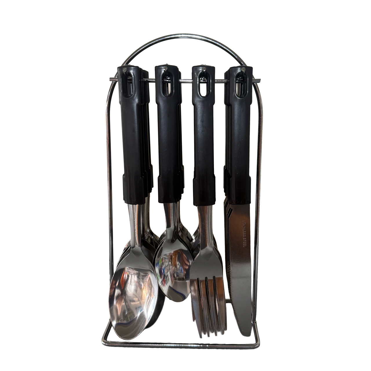 Set of black-handled cutlery including a spoon, fork, and knife in a metal stand