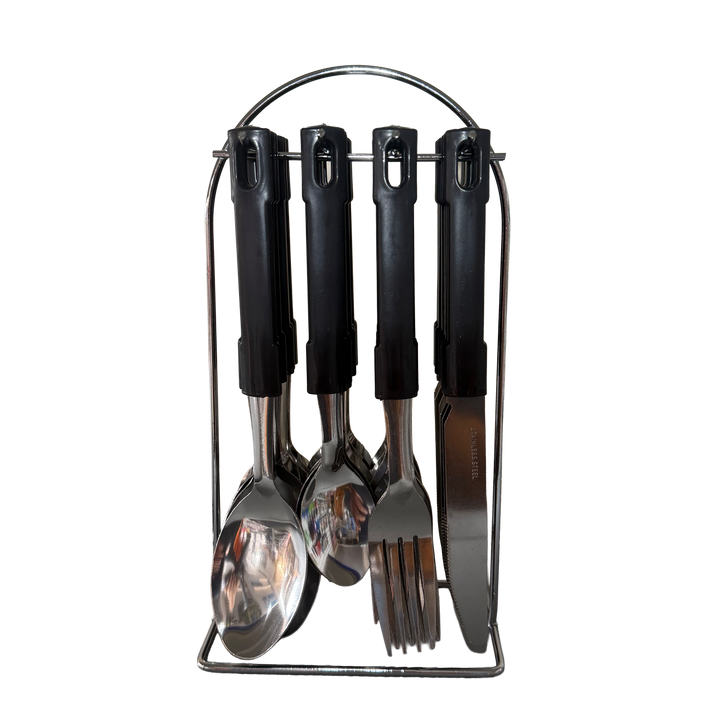 Set of black-handled cutlery including a spoon, fork, and knife in a metal stand