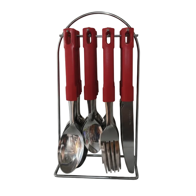 Set of red-handled cutlery including a spoon, fork, and knife in a metal stand