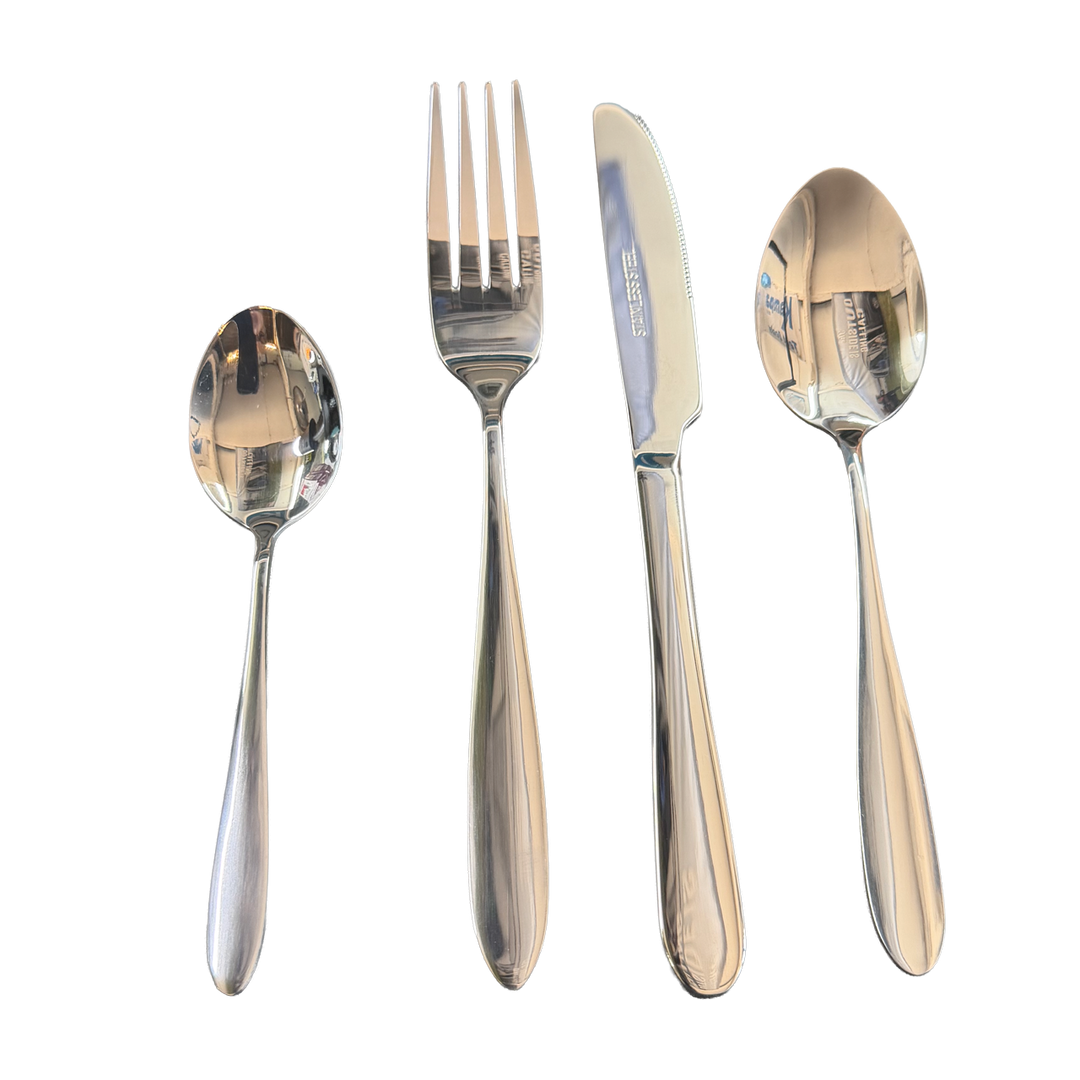 Set of silver cutlery including fork, knife, and two spoons on a white background