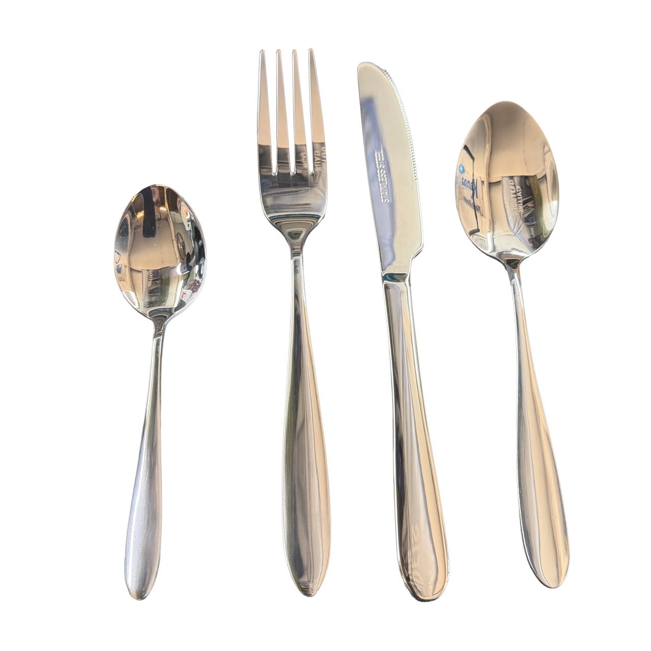 Set of silver cutlery including fork, knife, and two spoons on a white background