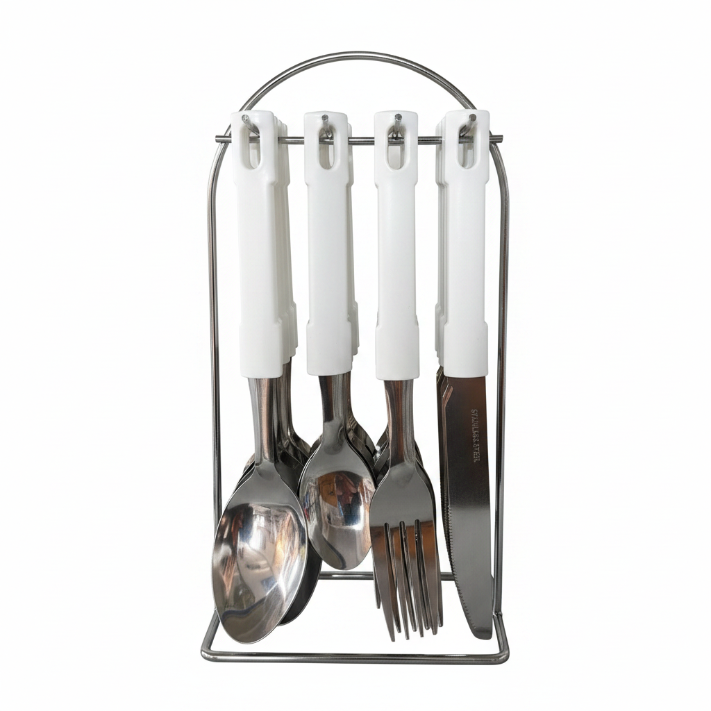 Set of white-handled cutlery including a spoon, fork, and knife in a metal stand