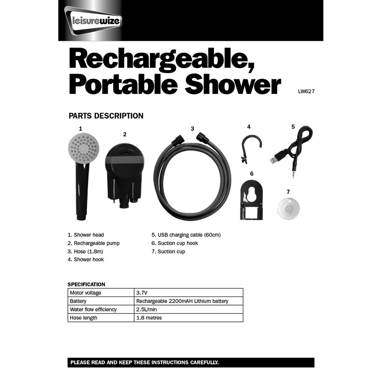Streetwize Rechargeable Portable Shower 