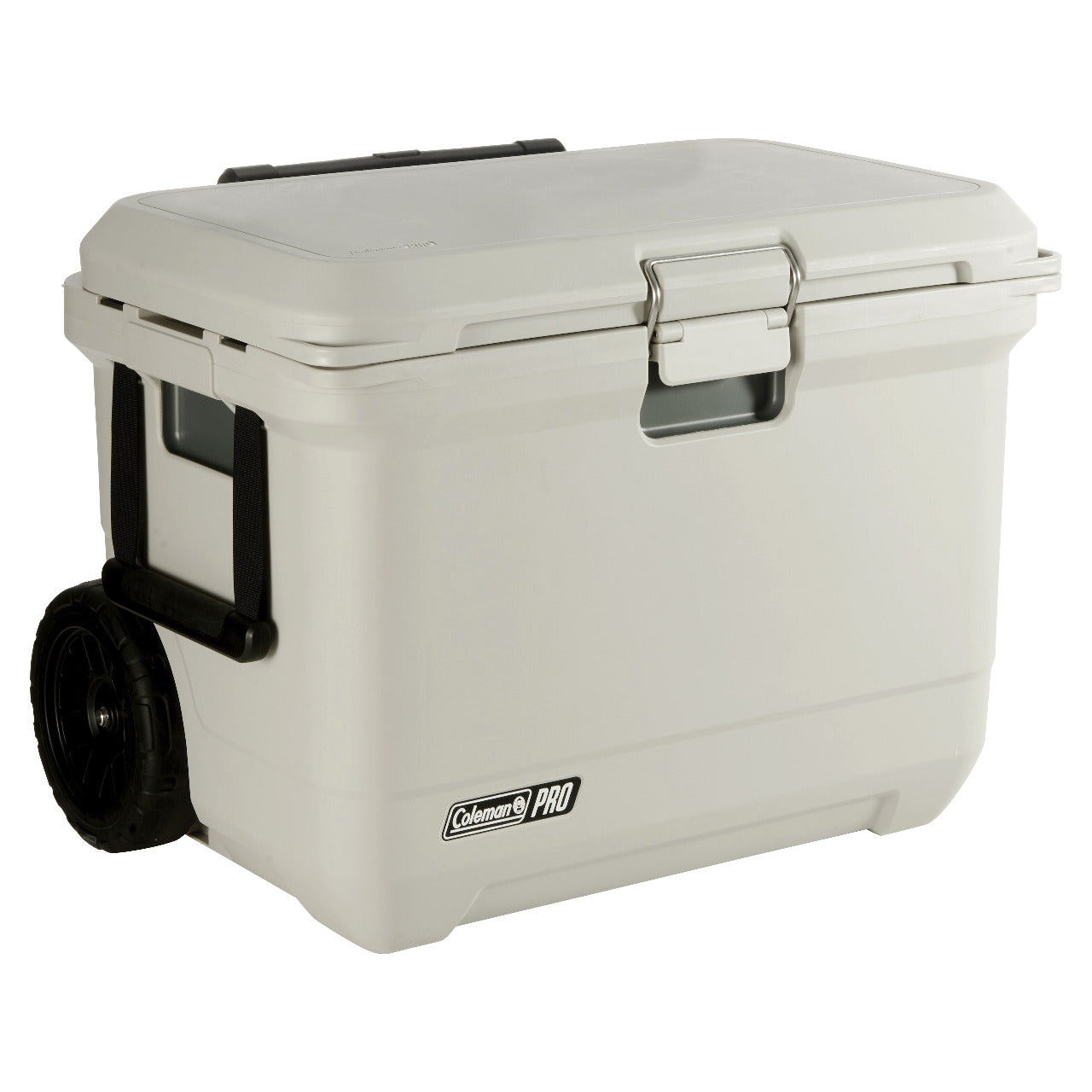 Beige cooler box with wheels on a white background