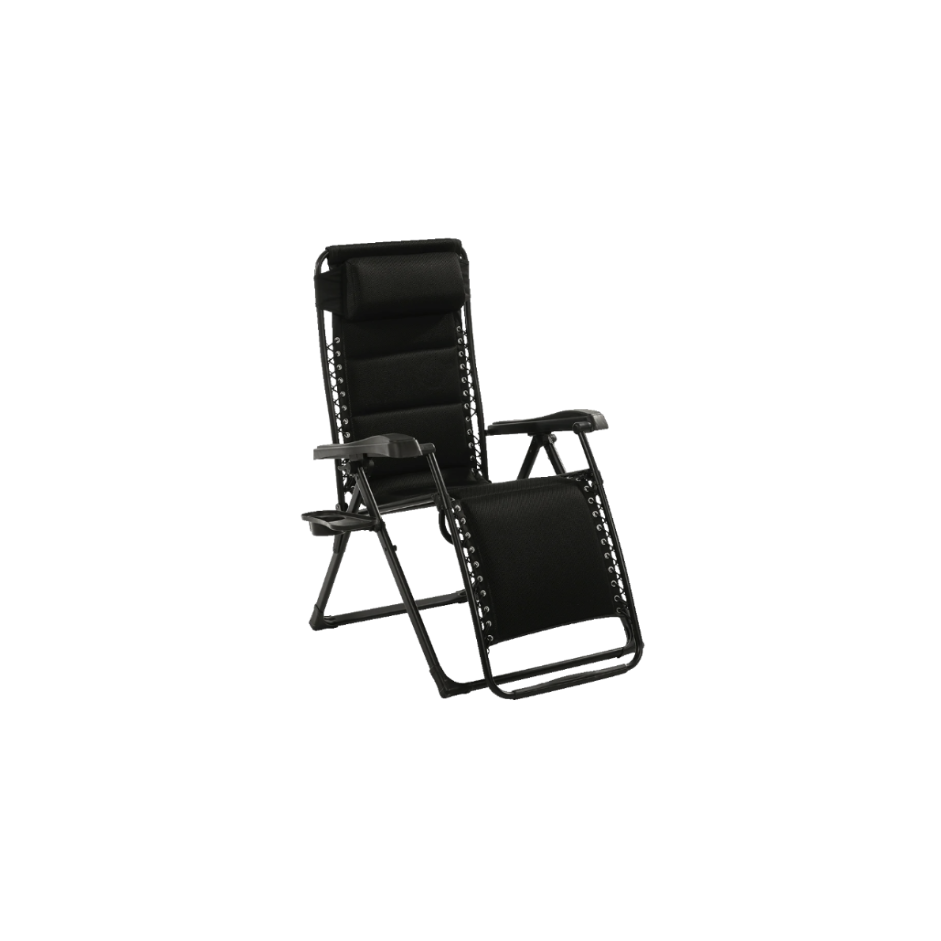 A black zero-gravity lounge chair with a padded headrest, adjustable armrests, and a footrest,