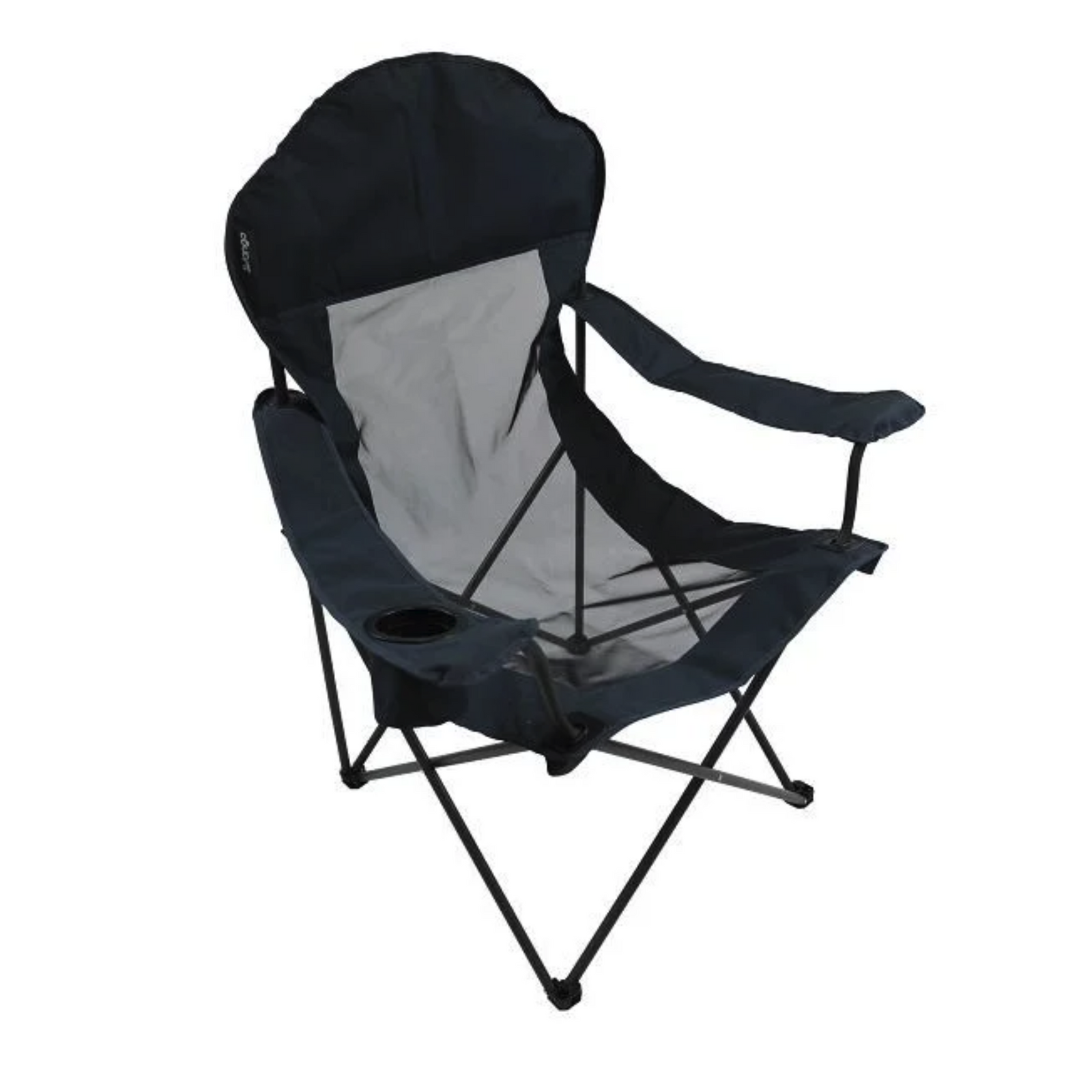 Black camping chair with a gray seat on a white background