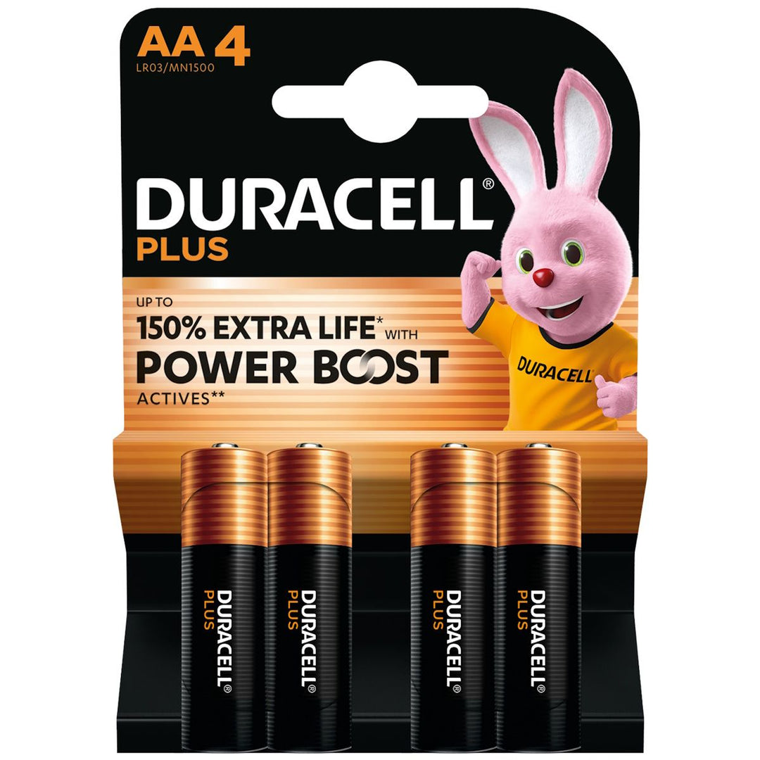 Pack of Duracell Plus batteries with a cartoon rabbit character on the packaging.