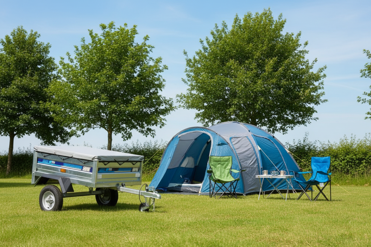 Galvanised luggage trailer on campsite