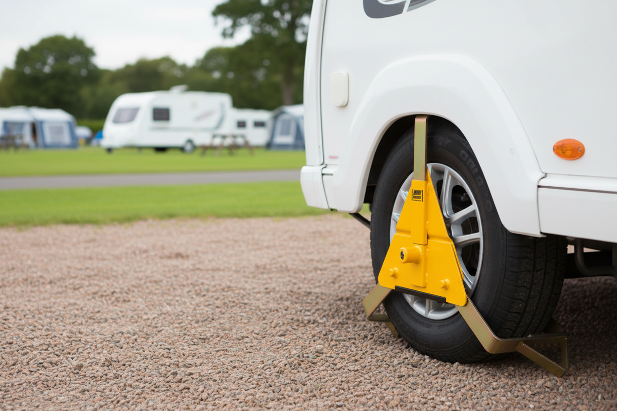 Wheel clamp banner for caravan campsite